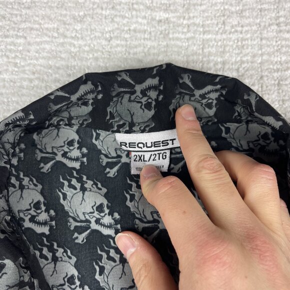 Vtg Request Shirt Mens 2XL Black Button Up Goth Skulls Flames Skate Y2K AOP - Picture 8 of 16